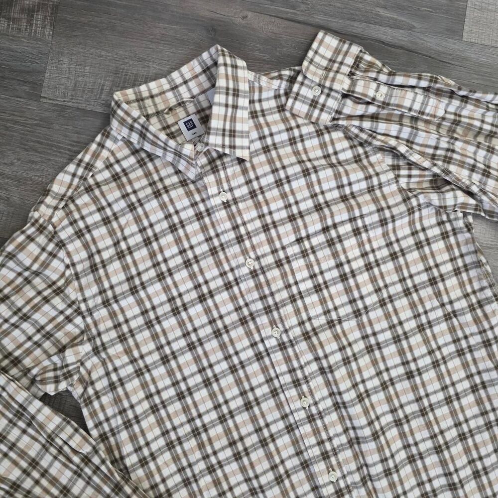 Gap Men's Brown & Tan Plaid Long Sleeve Button Up Dress Shirt Size Large
